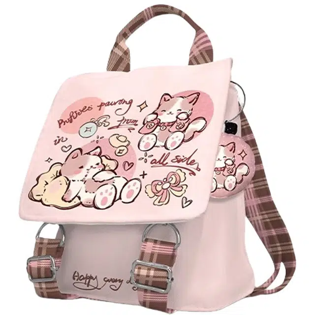 奥松 用家居猫猫儿童通勤设计感布包可爱 绒面科技布 背包双肩包 常规 女款 粉色