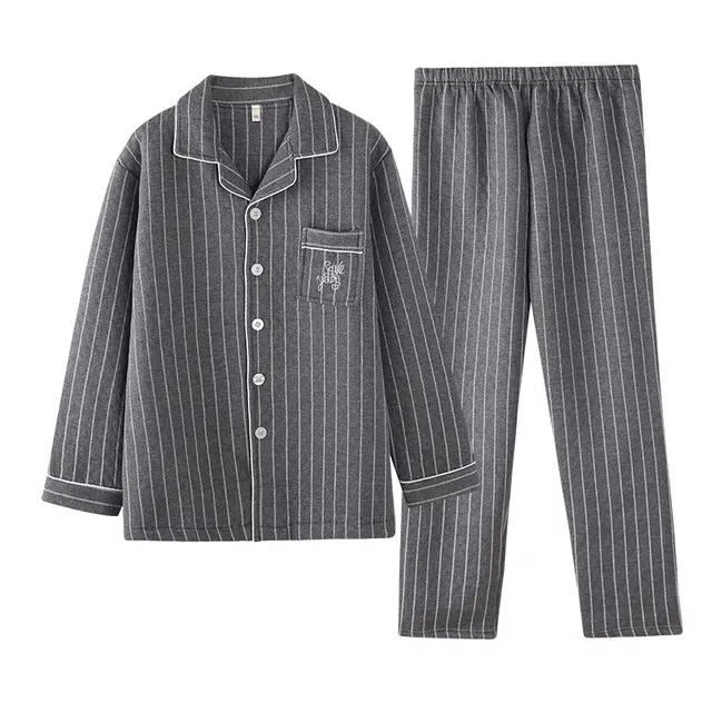 莫代尔 可外穿清爽气质显瘦保暖透气亲肤有口袋翻领长袖上衣不易起球家居服长裤秋冬季睡衣套装 男款 灰色