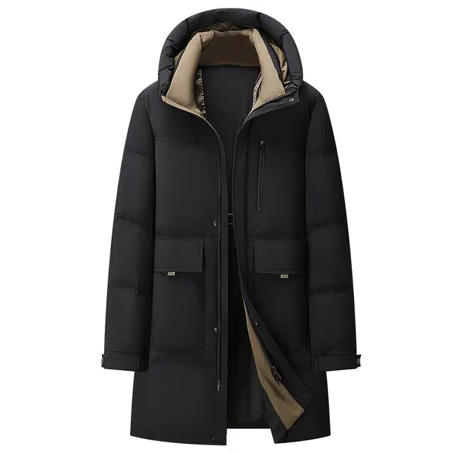 雅鹿 中长款连帽石墨烯保暖商务休闲装外套羽绒服 男款 黑色