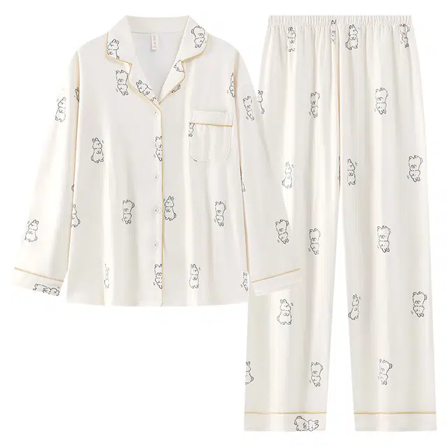 莫代尔 卡通兔少女长袖长裤开衫翻领秋可外穿冬季睡衣套装 女款 杏色