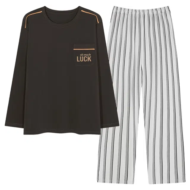 轻迎 简约亲肤舒适条纹时尚圆领套头长袖休闲可外穿长裤睡衣套装 男款 黑色