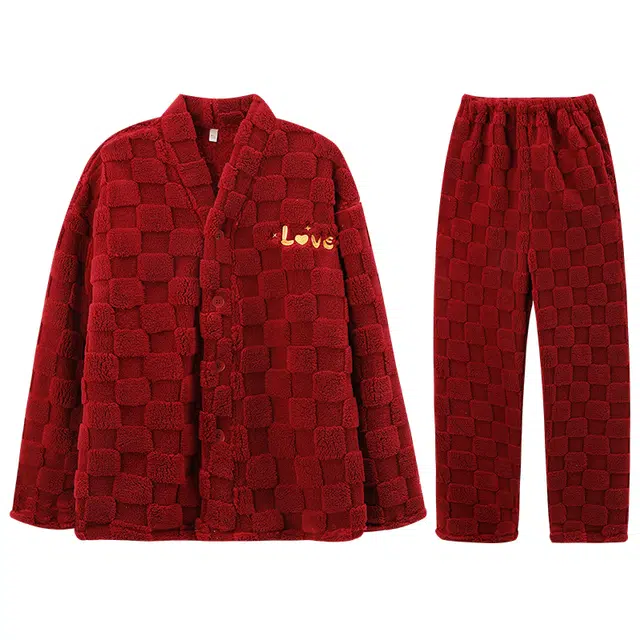 兰缪 新婚喜庆珊瑚绒加绒加厚本命年保暖长袖长裤睡衣套装 男款 红色
