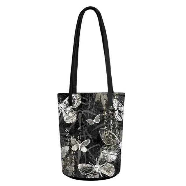 奥松 家用家居梦竹蝶中式国风通勤手提包设计感小众水桶包 绒面科技布 单肩包 男女同款情侣款 黑色