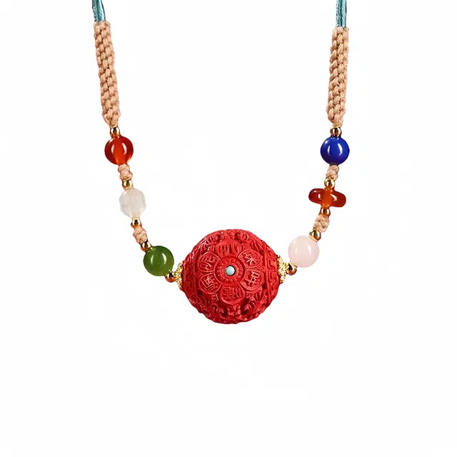 凯真 高含量藏式民族风精雕六字箴言转运珠项链 招财上岸有钱花 国潮中式轻奢高级脖挂 再造辰砂朱砂 吊坠 男女同款情侣款