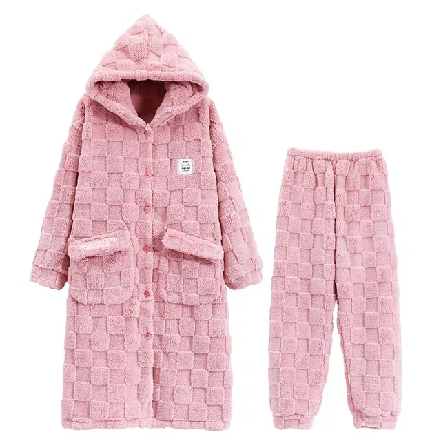 俏霓桐 甜美连帽保暖蓄温加厚可外穿睡衣套装 女款 粉色