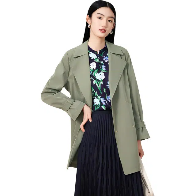 玖姿安娜蔻 休闲简约西装领纯色风衣 女款 黄绿