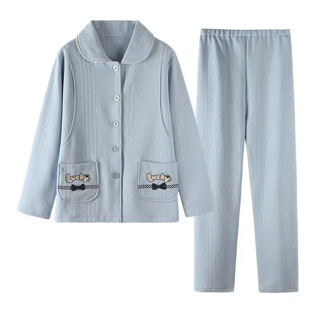 莫代尔 亲肤透气柔软舒适可外穿长袖长裤秋睡衣套装 女款 浅蓝色