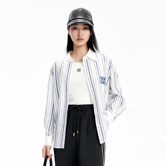 太平鸟 条纹撞色衬衫 女款 蓝色条纹