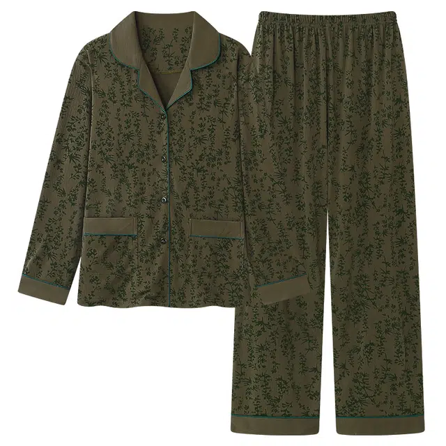 莫代尔 开衫翻领时尚简约亲肤透气长袖长裤可外穿家居服睡衣套装 女款 橄榄绿