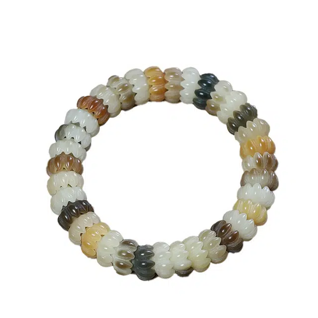 陌阡雪 雕刻莲花座冰清玉洁多彩 设计感国潮 五线菩提白玉菩提菩提根 手串 男女同款情侣款