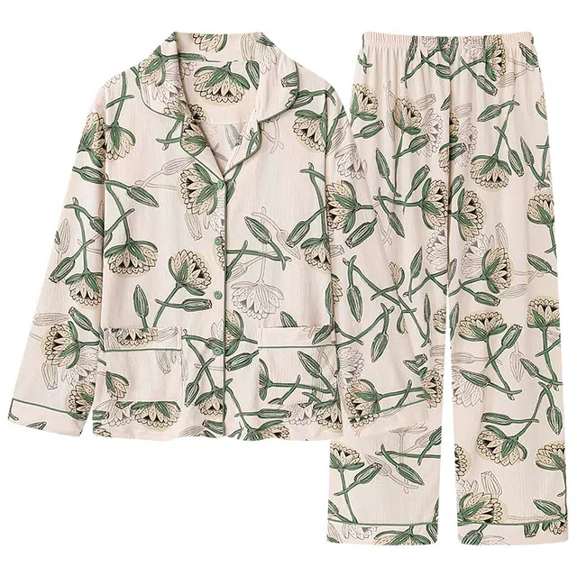 莫代尔 开衫翻领花卉简约时尚柔软亲肤长袖长裤可外穿家居服睡衣套装 女款 杏色