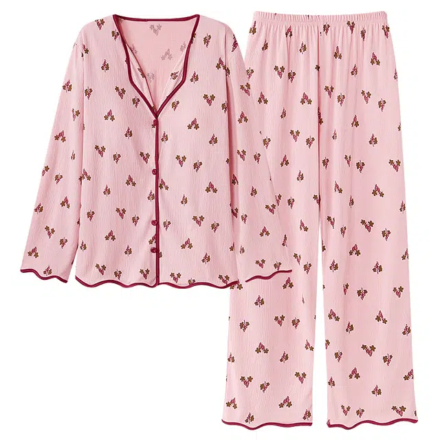 莫代尔 带胸垫防凸点开衫甜美柔软亲肤可外穿家居服睡衣套装 女款 粉色