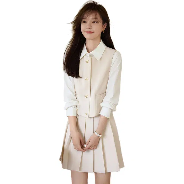 沫晗依美 圆领简约马甲纯色短裙裙装套装 女款 米白色