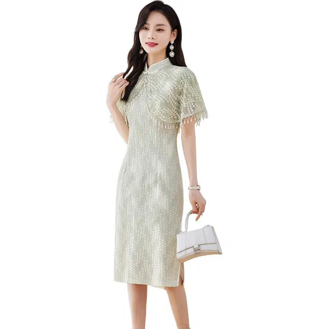 杭依阁 满印修身立领开叉短款短袖连衣裙 女款 绿色