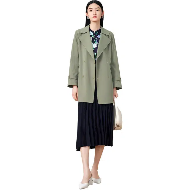 玖姿安娜蔻 休闲简约西装领纯色风衣 女款 黄绿