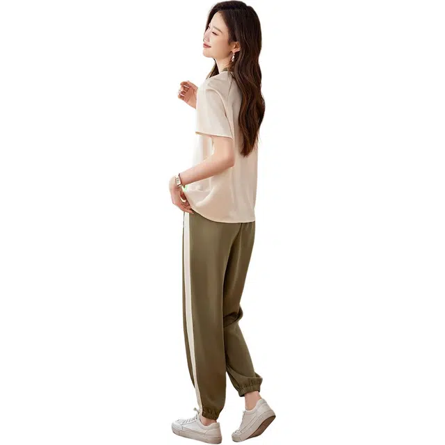沫晗依美 拼色圆领短袖上衣中腰长裤休闲套装 女款 橄榄绿+米白