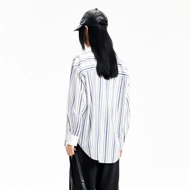 太平鸟 条纹撞色衬衫 女款 蓝色条纹
