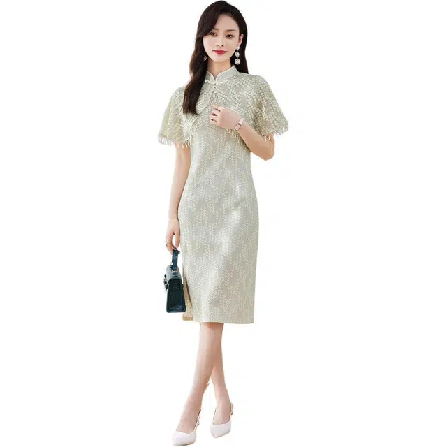 杭依阁 满印修身立领开叉短款短袖连衣裙 女款 绿色