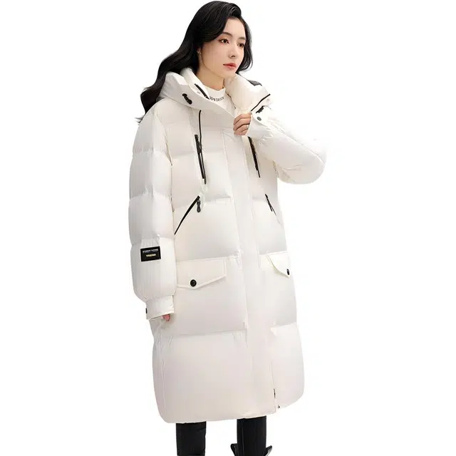 鸭鸭 纯色加厚连帽拉链中长宽松口袋休闲羽绒服 女款