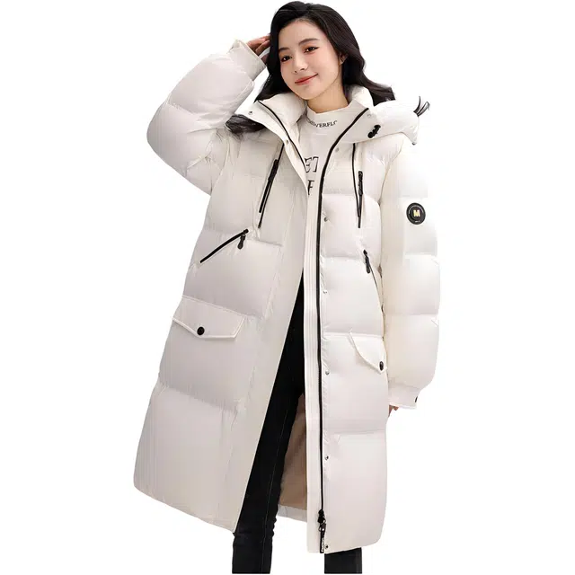 鸭鸭 纯色加厚连帽拉链中长宽松口袋休闲羽绒服 女款