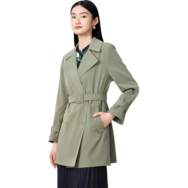玖姿安娜蔻 休闲简约西装领纯色风衣 女款 黄绿