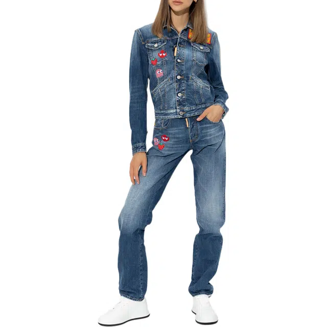 DSQUARED 2 Pac-Man Medium Wash Boyfriend Jean Jacket
