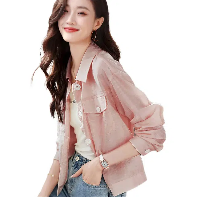 沫晗依美 纯色方领合身长袖衬衫 女款 粉色