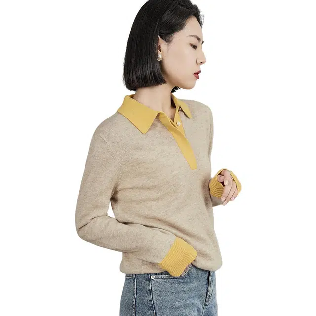 美洋 撞色休闲通勤套头羊绒衫 女款 黄灰
