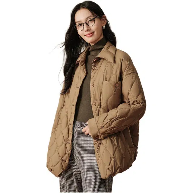 玖姿安娜蔻 单排扣纯色长袖羽绒服 女款 卡其