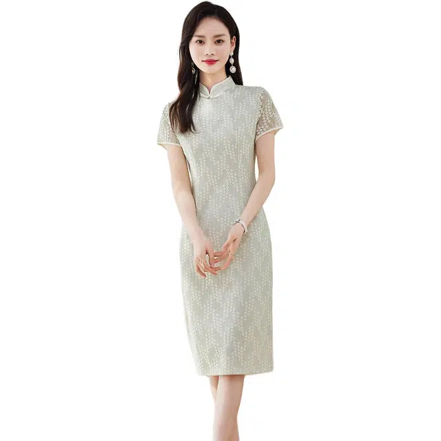 杭依阁 满印修身立领开叉短款短袖连衣裙 女款 绿色