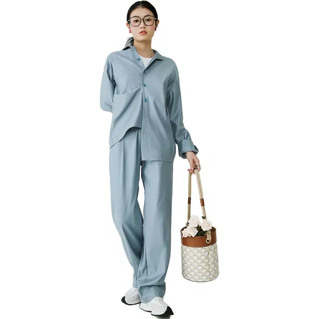 美洋 方领单排扣纯色长袖衬衫 女款 雾蓝