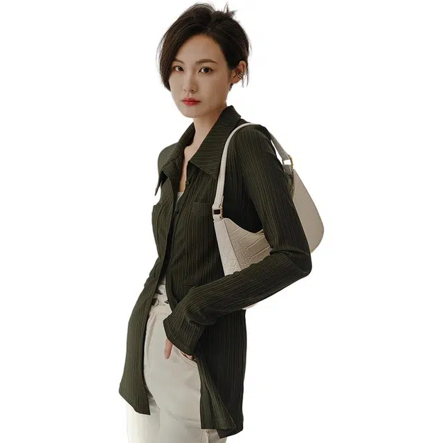 美洋 纯色翻领单排扣长袖针织衫 女款 墨绿色