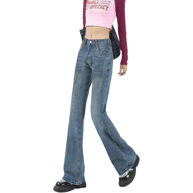 惟熙 喇叭裤高腰小个子修身显瘦微喇叭马蹄裤牛仔裤 女款 复古蓝