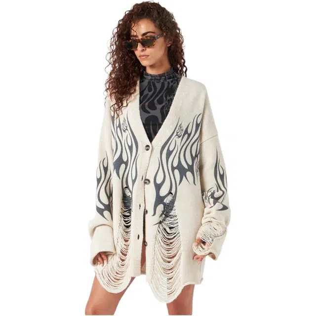 Vision of Super White Cardigan With Black Tribal Flames V
