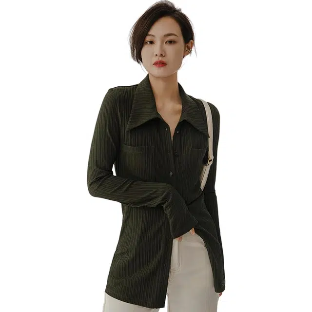 美洋 纯色翻领单排扣长袖针织衫 女款 墨绿色