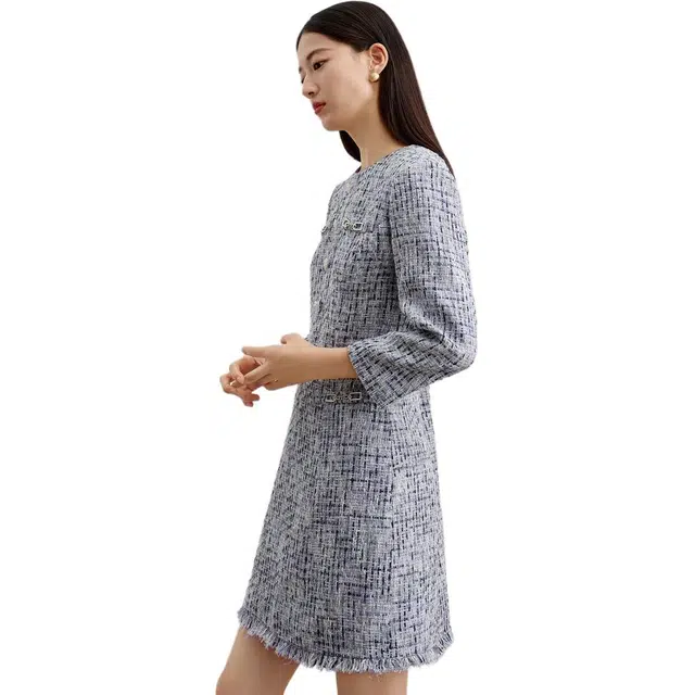 玖姿安娜蔻 优雅小香风收腰粗花呢流苏长袖连衣裙 女款 格紫