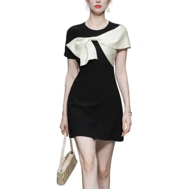 达菲时尚 气质撞色短袖连衣裙 黑色