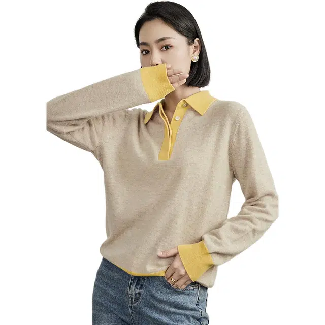 美洋 撞色休闲通勤套头羊绒衫 女款 黄灰