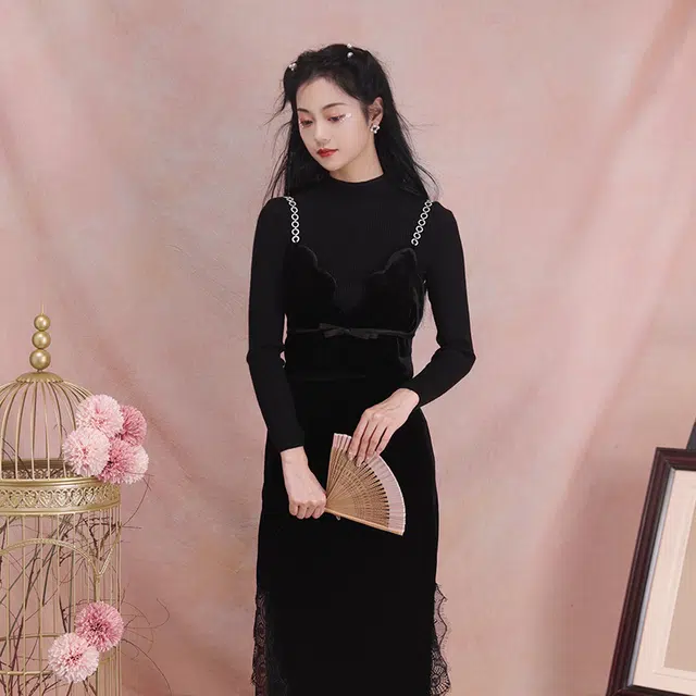 槿爷东方 璇骅鉴丝绒钻环肩带设计纯色长袖修身针织衫 女款 黑色
