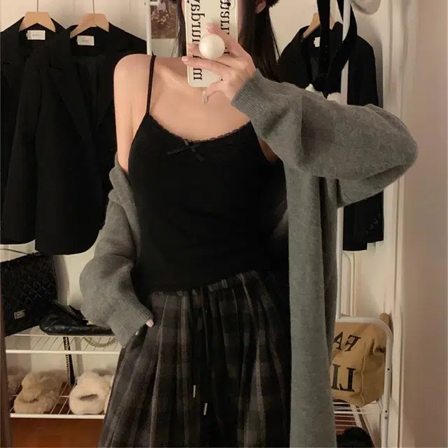 御茶家 辣妹纯欲风蝴蝶结蕾丝拼接带胸垫修身上衣细吊带 女款