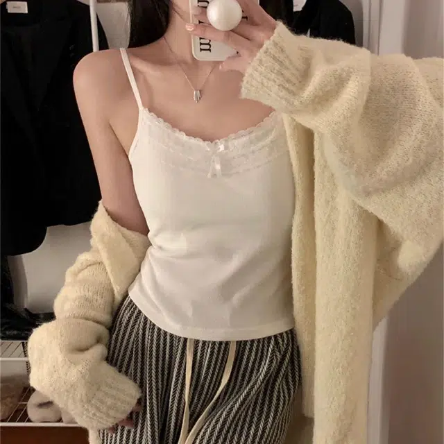 御茶家 辣妹纯欲风蝴蝶结蕾丝拼接带胸垫修身上衣细吊带 女款