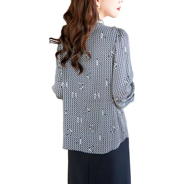 水墨佳人 时尚飘带领印花套头长袖衬衫 女款 黑色