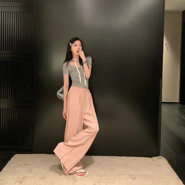 区区欧阳 纯色高腰宽松阔腿休闲裤 女款