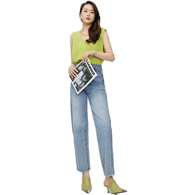 美洋 水洗高腰蓝色直筒牛仔裤 女款 牛仔蓝