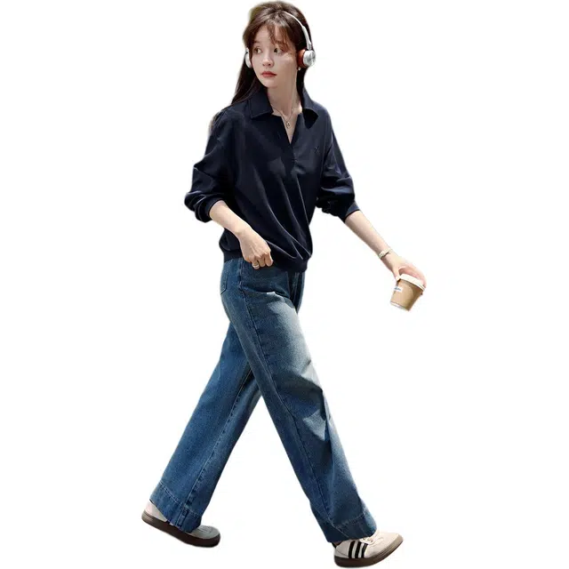 沫晗依美 翻领纯色百搭长袖卫衣 女款 藏青色