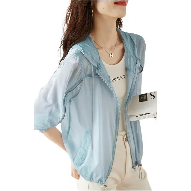 沫晗依美 拉链连帽纯色夹克外套 女款 蓝色