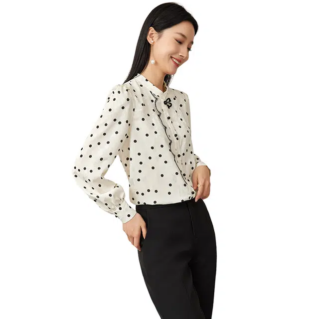 欧昵雪 立领波点印花时尚荷叶边长袖衬衫 女款 花色