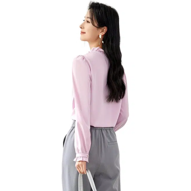 欧昵雪 纯色木耳边立领套头直筒长袖衬衫 女款 皮粉色