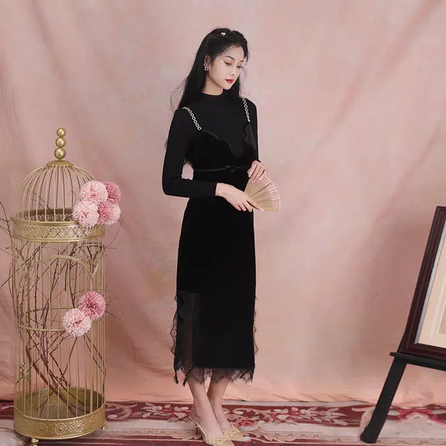 槿爷东方 璇骅鉴丝绒钻环肩带设计纯色长袖修身针织衫 女款 黑色