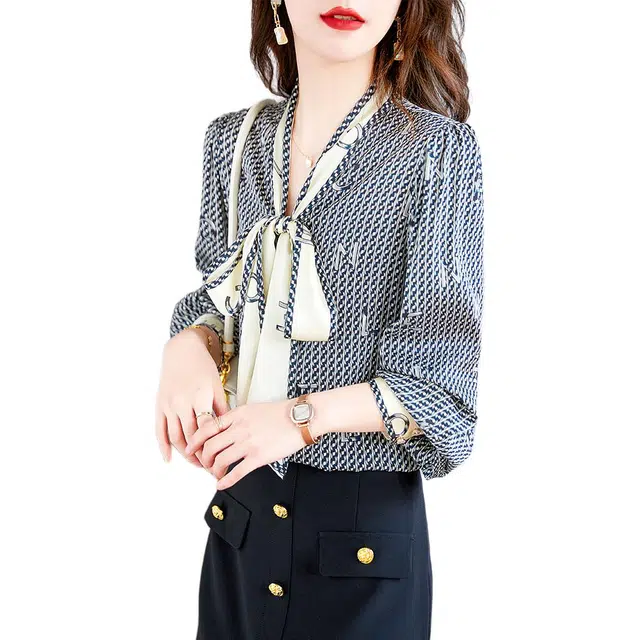 水墨佳人 时尚飘带领印花套头长袖衬衫 女款 黑色